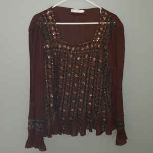 Brown lace sequin gypsy boho ruffled blouse